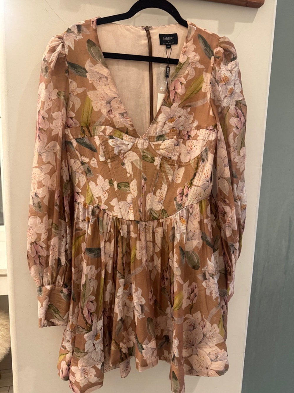 Bardot Tan Floral V-Neck Mini Dress with Pink and Green Accents